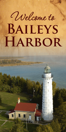 Custom Banner "Welcome to Bailey's Harbor" with image Cana Island lighthouse museum in Wisconsin
