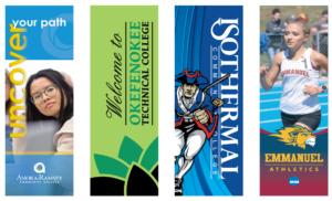 Custom college banners for Isothermal Community College and Okefenokee Tech college
