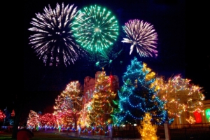Streets Holiday Decor - colorful lighted outdoor trees with fireworks exploding above them in night sky