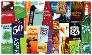 screen shot of several outdoor banner designs with various custom and template themes