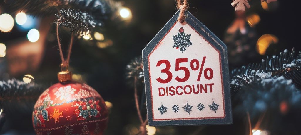 close up image of 35% off discount tag on tree with decorations
