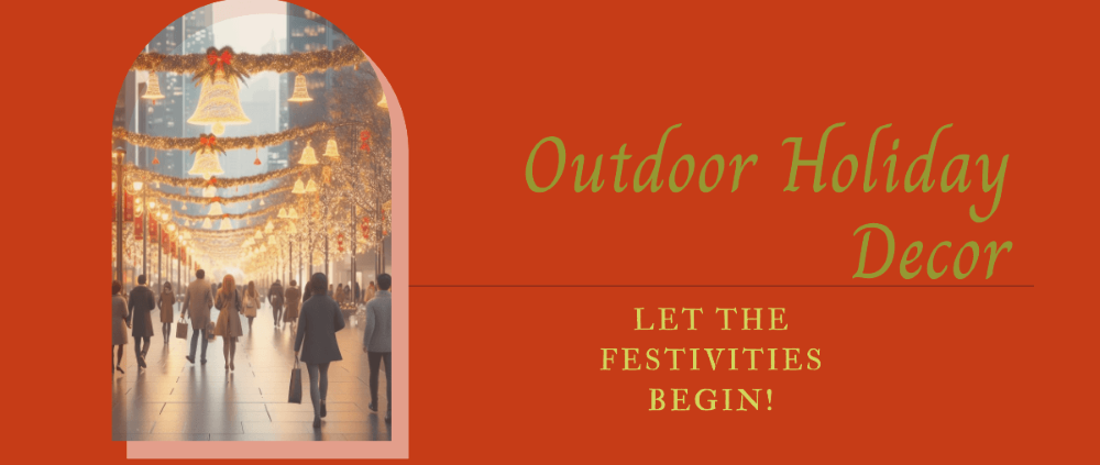 street lights with christmas banners of gold and red with bells and holly in a winter wonderland city park area with christmas decorations throughout the walkways and trees, while adults and children walk and enjoy