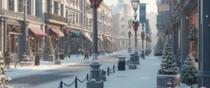 small downtown area with city street decorated with Christmas holiday street poles with banners along the streets in the middle of a winter scene
