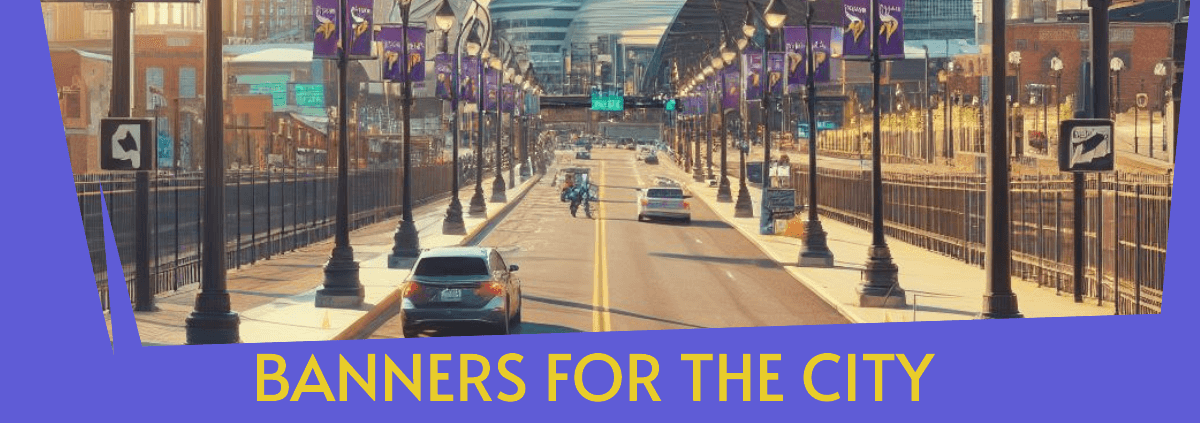 bright sunny day driving into downtown minneapolis on streets lined lamp posts adorned with "Minnesota Vikings" football banners heading to a football stadium