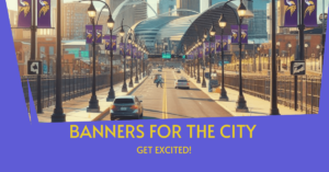 bright sunny day driving into downtown minneapolis on streets lined lamp posts adorned with "Minnesota Vikings" football banners heading to a football stadium