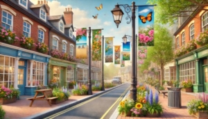 Spring into Summer Light Pole Banners for the City - Illustrated local city lined with spring and summertime banners