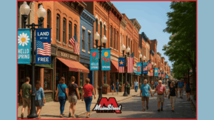 Pole banners along a small town main street