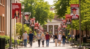 Custom College Pride Banners - Young Women and Men graduate banners on colleg Campus