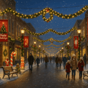 A festive small-town main street at night with snow falling, glowing holiday lights strung overhead, and sidewalks lined with classic decorations like nutcrackers, snowmen, and candy canes. Families walk together under warmly lit storefronts and holiday banners, creating a welcoming and connected community atmosphere.