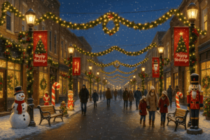 A festive small-town main street at night with snow falling, glowing holiday lights strung overhead, and sidewalks lined with classic decorations like nutcrackers, snowmen, and candy canes. Families walk together under warmly lit storefronts and holiday banners, creating a welcoming and connected community atmosphere.