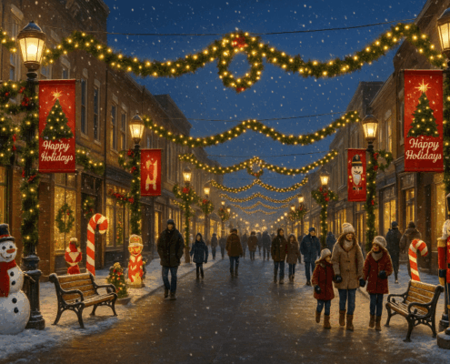A festive small-town main street at night with snow falling, glowing holiday lights strung overhead, and sidewalks lined with classic decorations like nutcrackers, snowmen, and candy canes. Families walk together under warmly lit storefronts and holiday banners, creating a welcoming and connected community atmosphere.