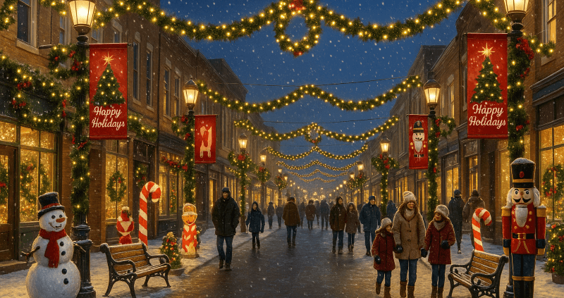 A festive small-town main street at night with snow falling, glowing holiday lights strung overhead, and sidewalks lined with classic decorations like nutcrackers, snowmen, and candy canes. Families walk together under warmly lit storefronts and holiday banners, creating a welcoming and connected community atmosphere.