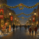 A festive small-town main street at night with snow falling, glowing holiday lights strung overhead, and sidewalks lined with classic decorations like nutcrackers, snowmen, and candy canes. Families walk together under warmly lit storefronts and holiday banners, creating a welcoming and connected community atmosphere.