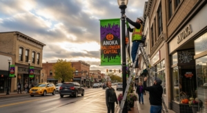 Mock Up Image of Workers installing custom pole banners on a downtown street, showcasing the finished stage of the banner design process.