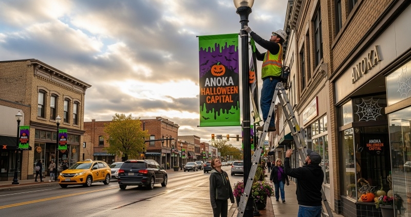 Mock Up Image of Workers installing custom pole banners on a downtown street, showcasing the finished stage of the banner design process.