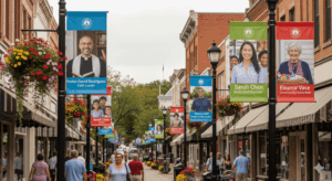 Horizontal image of a small-town main street with custom City Branding Banners on light poles honoring a clergy member, teacher, neighborhood leader, and volunteer. Community members walk along storefronts and flowers, celebrating everyday heroes.