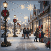 Decorating Cities for Christmas customers walk along the Christmas decorated sidewalk and visiting the various decorated shops carrying bags with all their holiday goodies while a couple of children press their faces excitedly to the windows of a shop seeing what they can add to there Santa list!