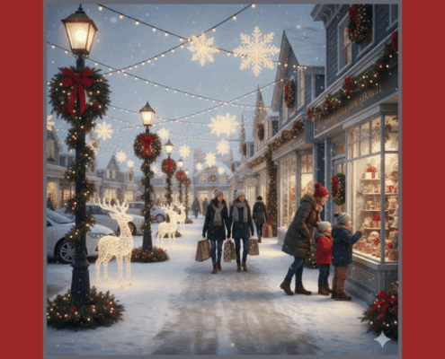 Decorating Cities for Christmas customers walk along the Christmas decorated sidewalk and visiting the various decorated shops carrying bags with all their holiday goodies while a couple of children press their faces excitedly to the windows of a shop seeing what they can add to there Santa list!