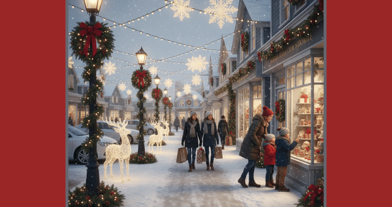 Decorating Cities for Christmas customers walk along the Christmas decorated sidewalk and visiting the various decorated shops carrying bags with all their holiday goodies while a couple of children press their faces excitedly to the windows of a shop seeing what they can add to there Santa list!