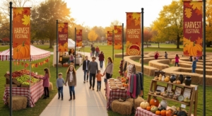 Mock up image for an Autumn harvest festival banners in a community park with pumpkins, vendor stands, families, and seasonal decorations.