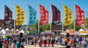 Mock up image for a Colorful cultural heritage festival banners in a small-town square with food booths, dancers, and community celebrations.