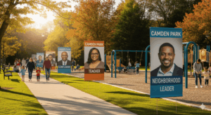“Horizontal image of a community park walkway with local hero Banners honoring a clergy member, teacher, neighborhood leader, and volunteer. Families and children enjoy the park while banners highlight local heroes.