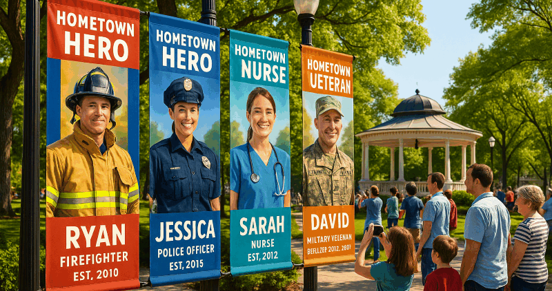 Community park entrance with custom pole banners honoring local heroes including a firefighter, police officer, nurse, and veteran.