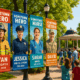 Community park entrance with custom pole banners honoring local heroes including a firefighter, police officer, nurse, and veteran.