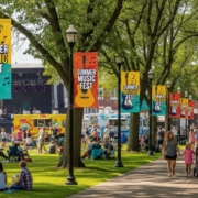 Music fest banners Mock up image of Custom festival banners at a summer music festival in a downtown park with live performers, food trucks, and families.