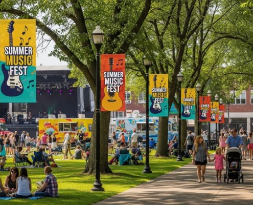 Mock up image of Custom festival banners at a summer music festival in a downtown park with live performers, food trucks, and families.