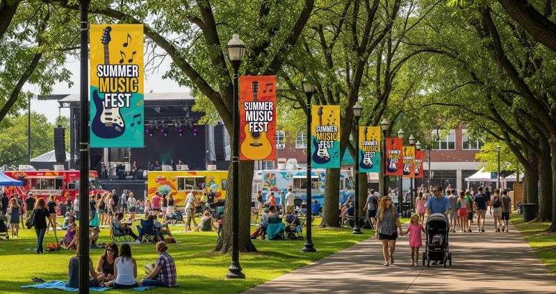 Mock up image of Custom festival banners at a summer music festival in a downtown park with live performers, food trucks, and families.