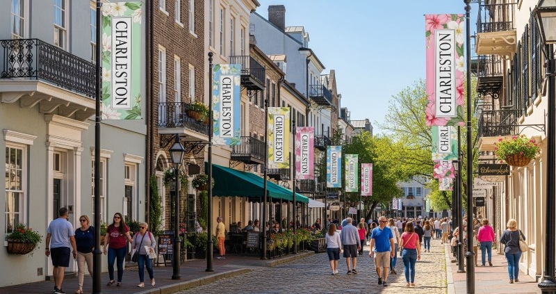Spring city branding banners in Charleston SC promoting tourism with colorful floral designs and welcoming downtown atmosphere.