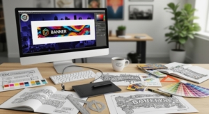 Mock up of designer’s workspace showing custom banner sketches, digital mockups, and color swatches during the banner design process.