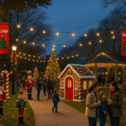 park decorations (1) A neighborhood park decorated for the holidays with glowing string lights, holiday banners, and fiberglass decorations as families gather for a festive community event.