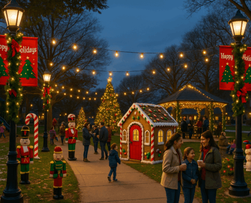 A neighborhood park decorated for the holidays with glowing string lights, holiday banners, and fiberglass decorations as families gather for a festive community event.