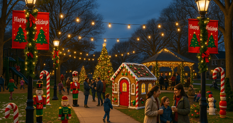 A neighborhood park decorated for the holidays with glowing string lights, holiday banners, and fiberglass decorations as families gather for a festive community event.