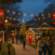 A neighborhood park decorated for the holidays with glowing string lights, holiday banners, and fiberglass decorations as families gather for a festive community event.