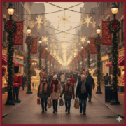 bustling city street Decorations a bustling city street beautifully decorated for Christmas. Shoppers in coats and scarves walk past storefronts with wreaths and window displays, creating a warm and festive atmosphere. The scene evokes tradition, charm, and a sense of community celebration.