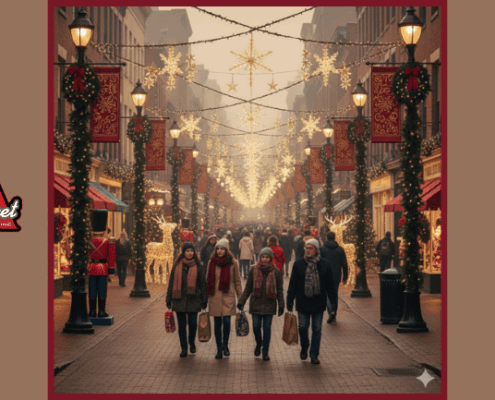 a bustling city street beautifully decorated for Christmas. Shoppers in coats and scarves walk past storefronts with wreaths and window displays, creating a warm and festive atmosphere. The scene evokes tradition, charm, and a sense of community celebration.