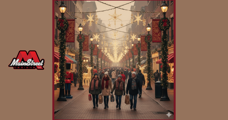 a bustling city street beautifully decorated for Christmas. Shoppers in coats and scarves walk past storefronts with wreaths and window displays, creating a warm and festive atmosphere. The scene evokes tradition, charm, and a sense of community celebration.
