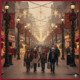 a bustling city street beautifully decorated for Christmas. Shoppers in coats and scarves walk past storefronts with wreaths and window displays, creating a warm and festive atmosphere. The scene evokes tradition, charm, and a sense of community celebration.