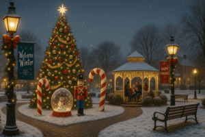 Festive small-town park at night during the holidays with snow gently falling, a large decorated Christmas tree, glowing streetlamps wrapped in garland and red bows, 'Welcome Winter' and 'Happy Holidays' banners, oversized candy canes, a toy soldier, snow globe decoration, and a gazebo lit with fairy lights where families enjoy hot cocoa.