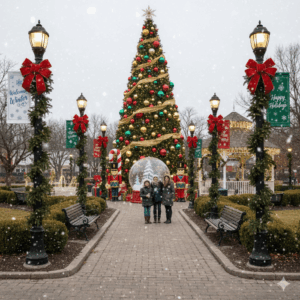 daytime scene of a family walking in a holiday decorated neighborhood park - lamp posts are decorated with garlands and bows, an oversized decorated christmas tree is behind them surrounded by oversized snowlobe and toy soldiers. lighted garland is seen throughout the park in the background