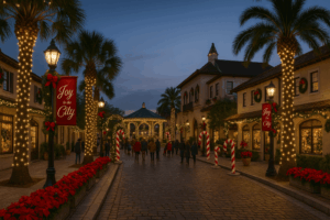 A historic Southern U.S. city center decorated for the holidays with palm trees wrapped in lights, festive pole banners, oversized candy cane decorations, and families enjoying a lively plaza at dusk.