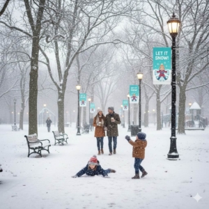 Winter Pole Banner Designs- Let it Snow! - A park scene with children playing as adults enjoy them